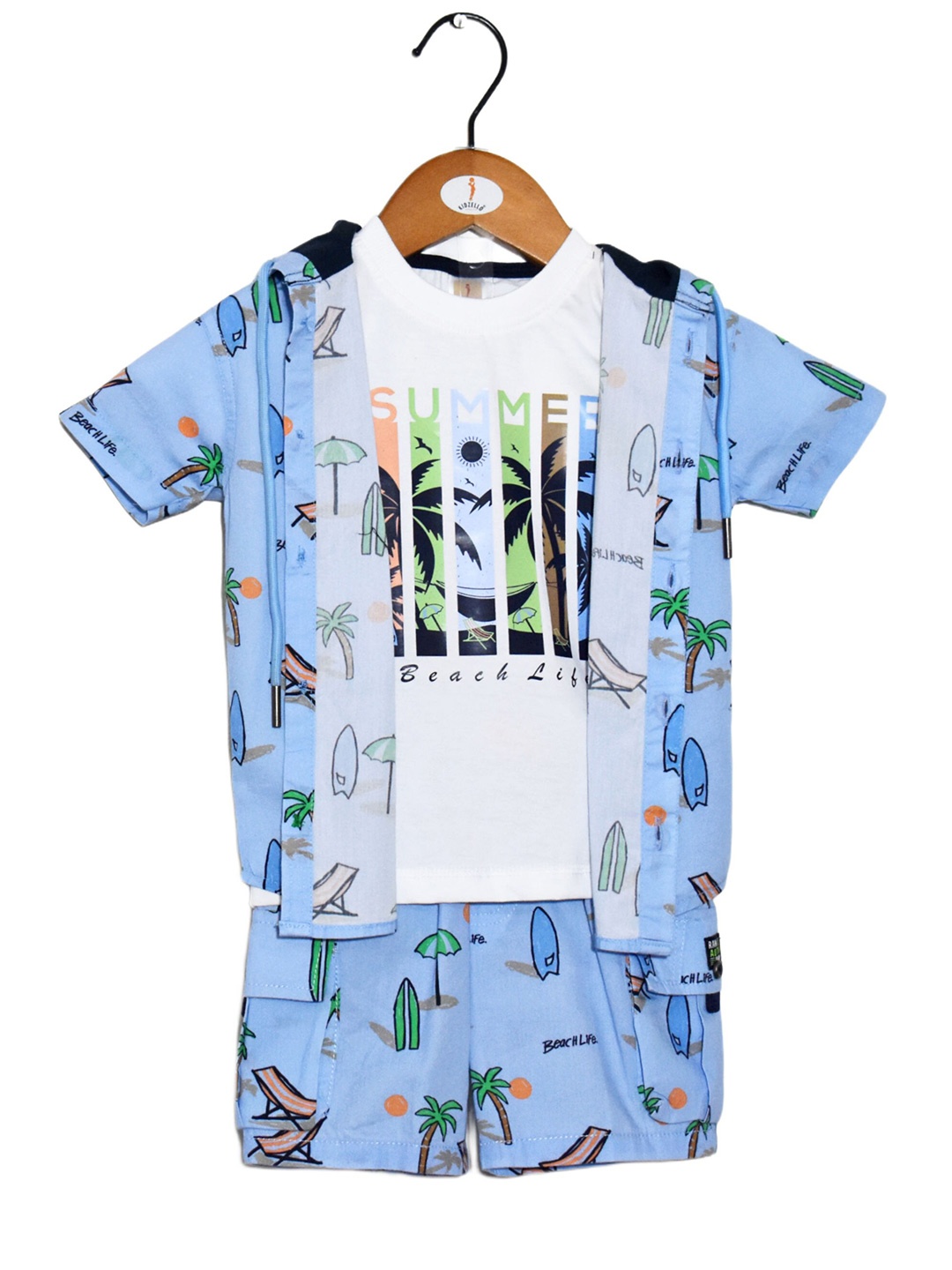 

BAESD Boys Printed Hooded Pure Cotton Shirt & Shorts With T-shirt, Blue