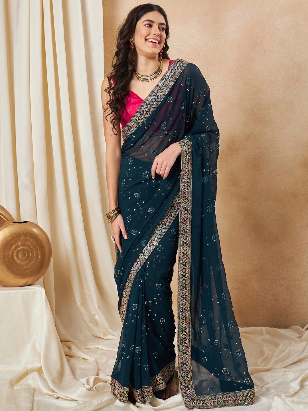 

Saree mall Embellished Sequinned Poly Georgette Sarees, Teal