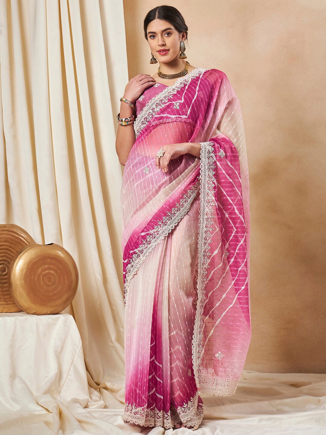 

Saree mall Embellished Sequinned Net Sarees, Pink