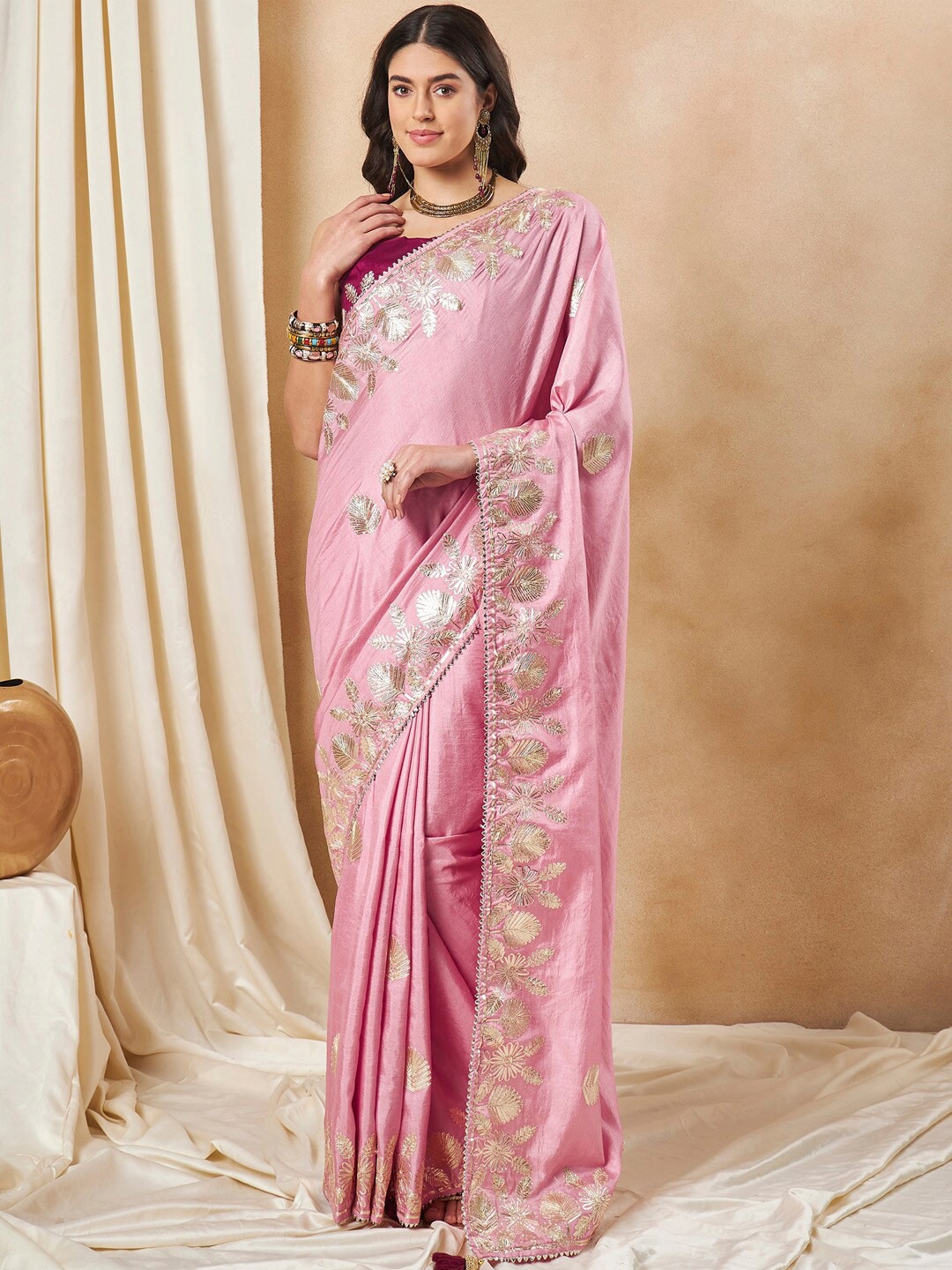 

Saree mall Ethnic Motifs Gotta Patti Silk Saree, Pink
