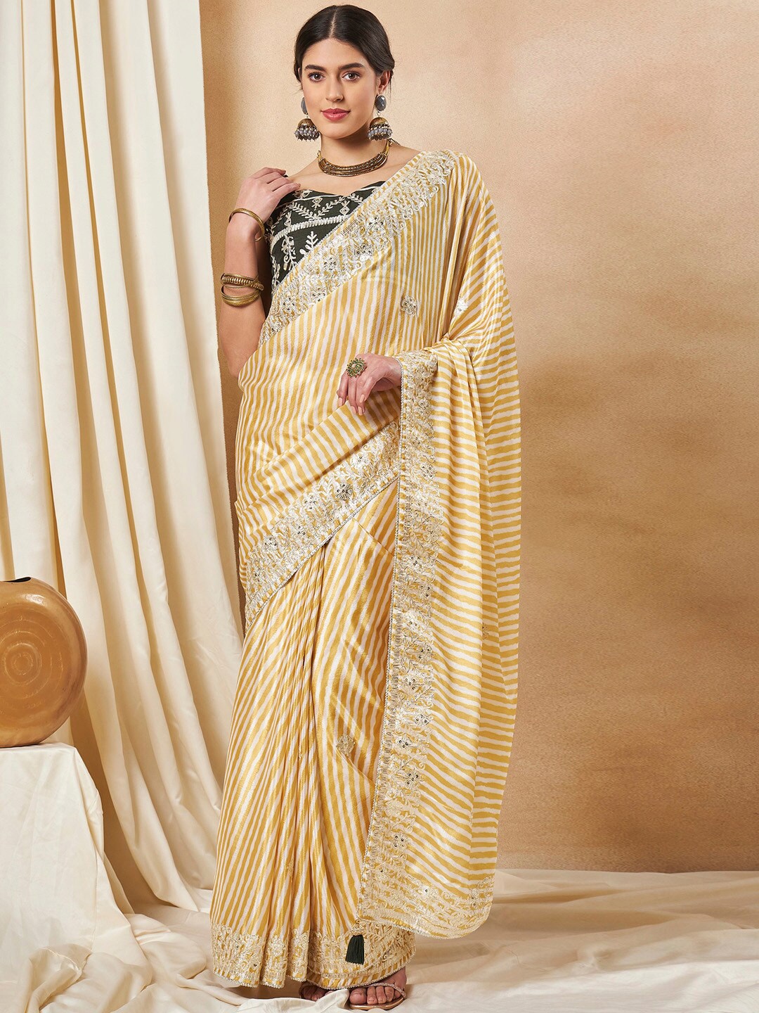 

Saree mall Leheriya Gotta Patti Poly Chiffon Sarees, Yellow