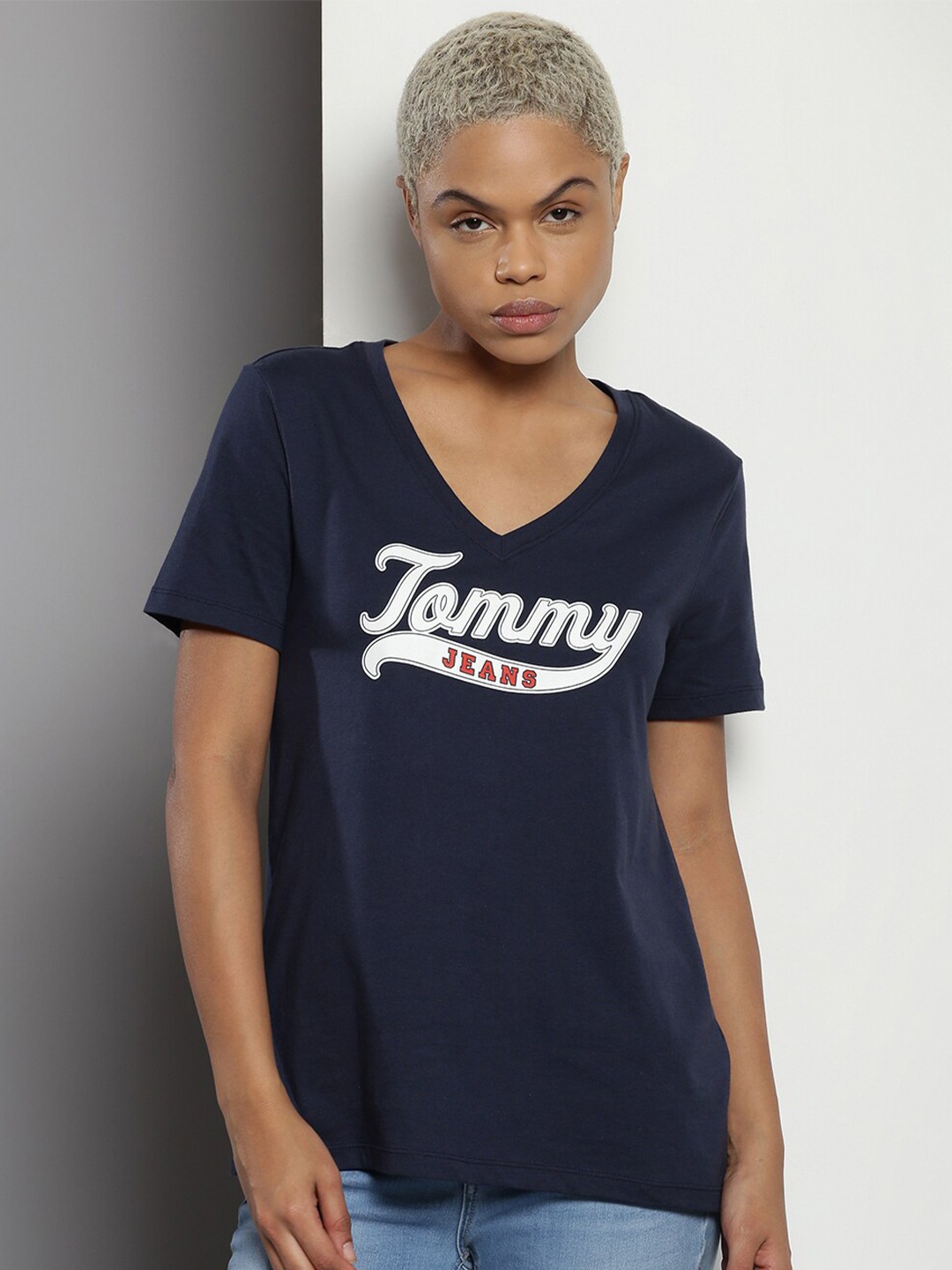 

Tommy Hilfiger Typography Printed V-Neck Short Sleeves Cotton Regular T-shirt, Blue