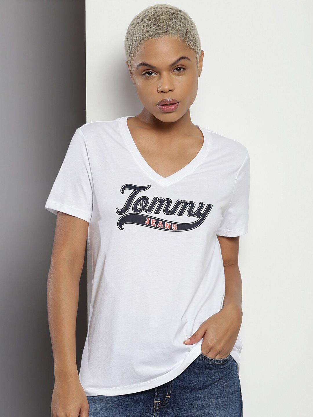 Tommy Hilfiger Typography Printed V-Neck Short Sleeves Cotton Regular T-shirt, White