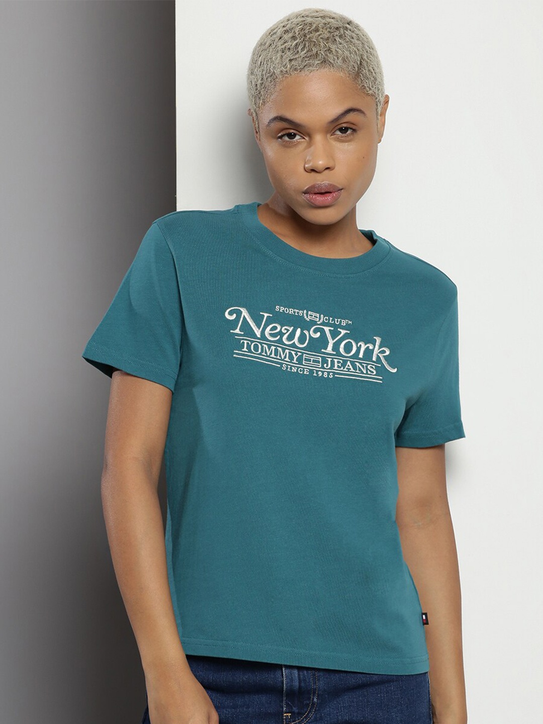 

Tommy Hilfiger Typography Embroidered Pure Cotton T-shirt, Teal