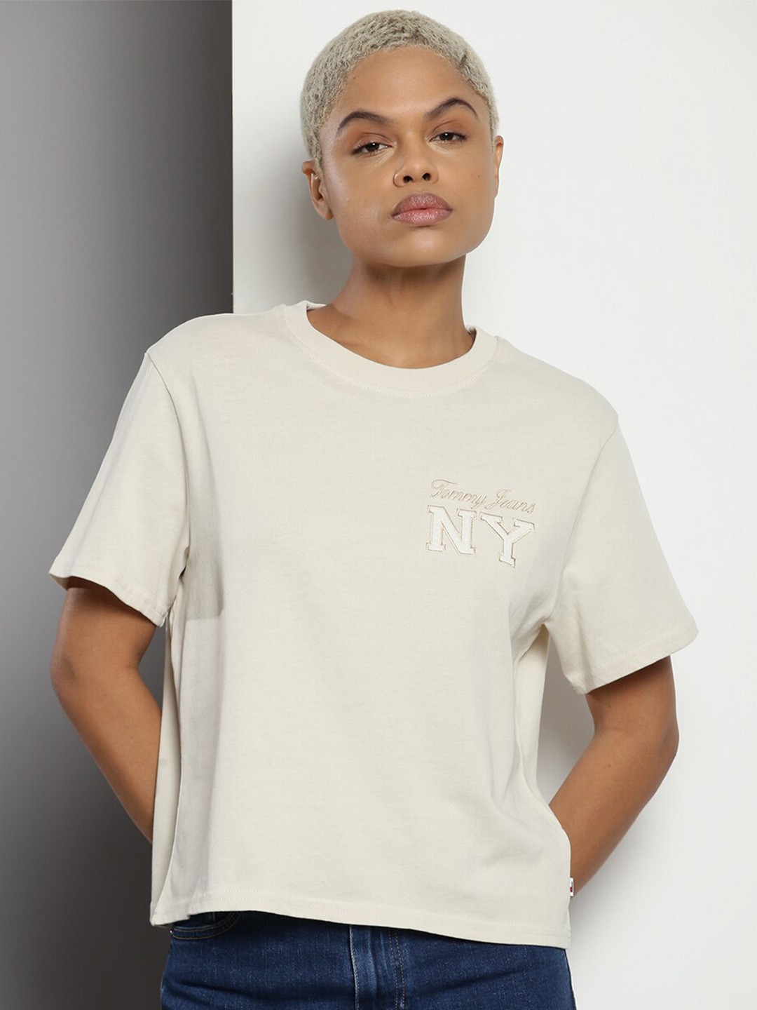 

Tommy Hilfiger Typography Embroidered Cotton T-shirt, Beige