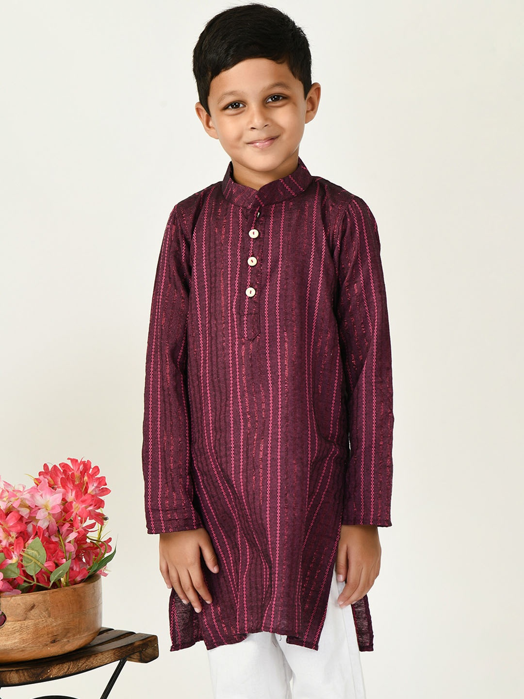 

BAESD Boys Striped Mandarin Collar Straight Kurta with Trousers, Purple