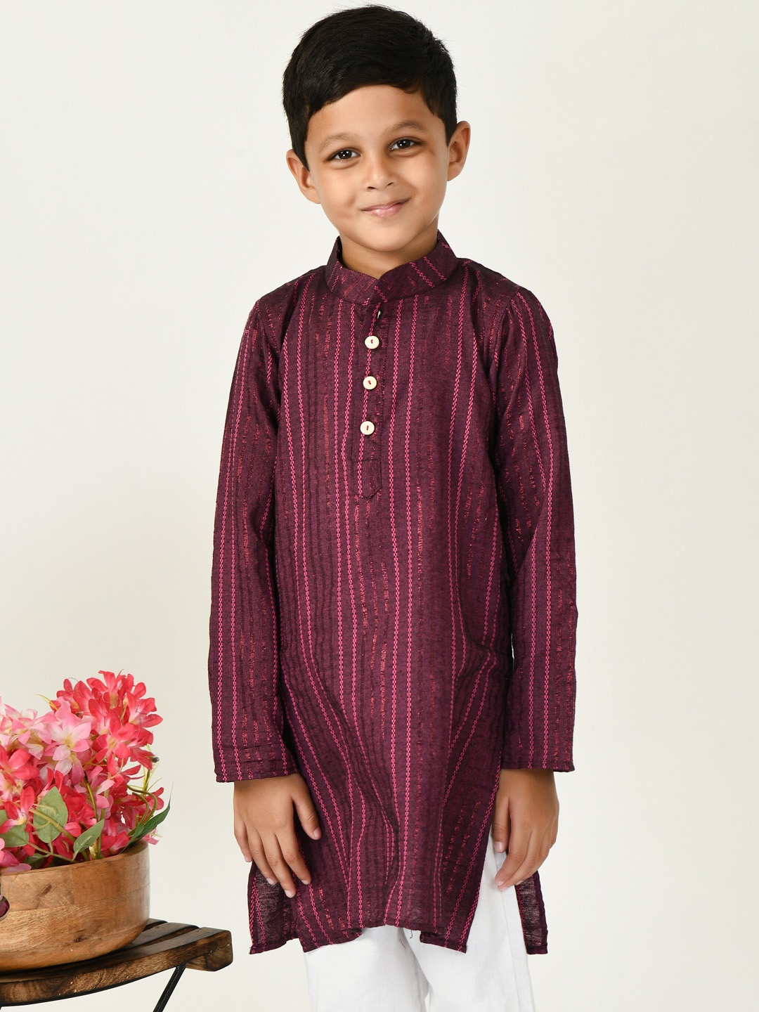 

BAESD Boys Striped Mandarin Collar Straight Kurta with Trousers, Purple
