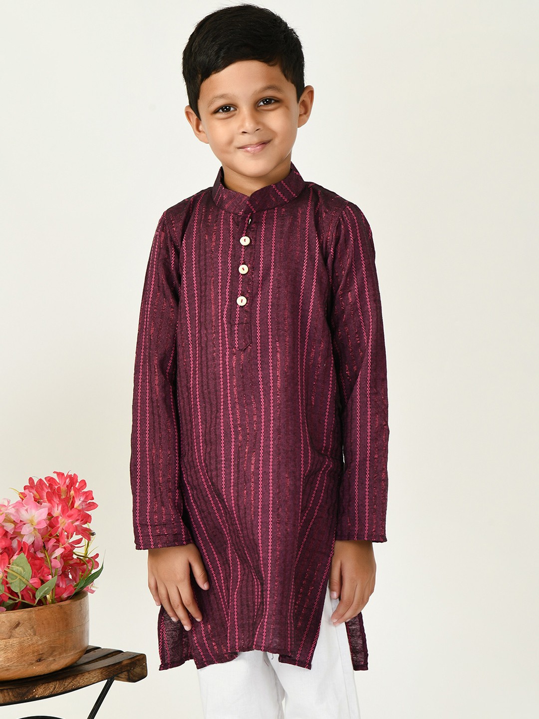 

BAESD Boys Striped Mandarin Collar Regular Kurta With Trouser, Purple