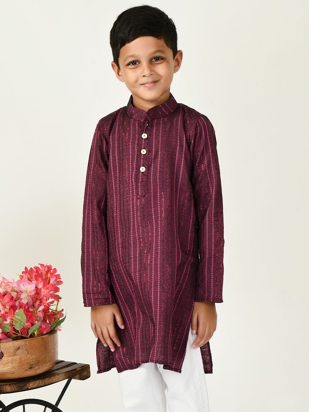 

BAESD Boys Striped Mandarin Collar Straight Kurta with Trousers, Purple