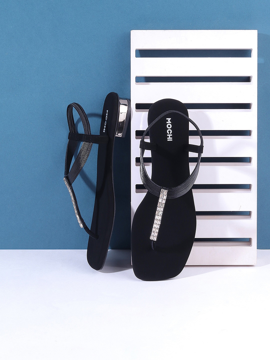 

Mochi Textured Embellished T-Strap Flats, Black