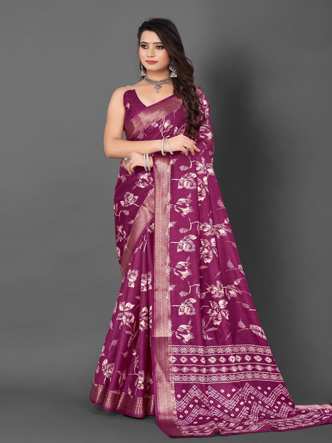 

Mitera Floral Printed Zari Detail Saree, Magenta