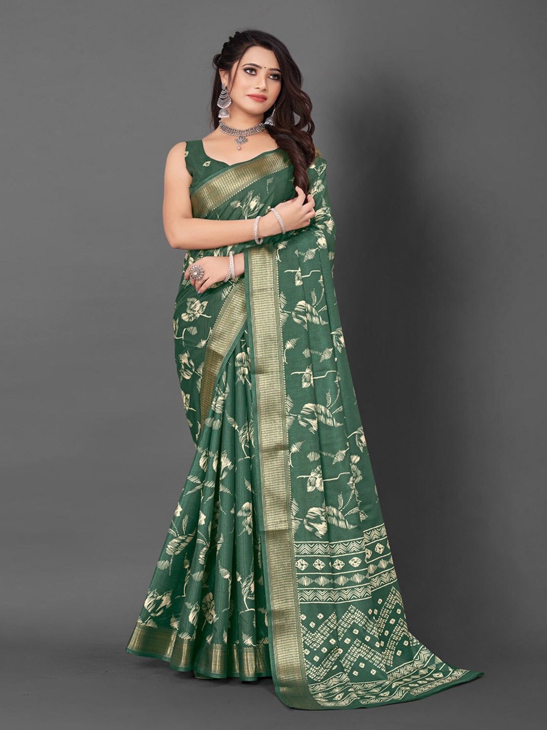 

Mitera Floral Printed Zari Saree, Green