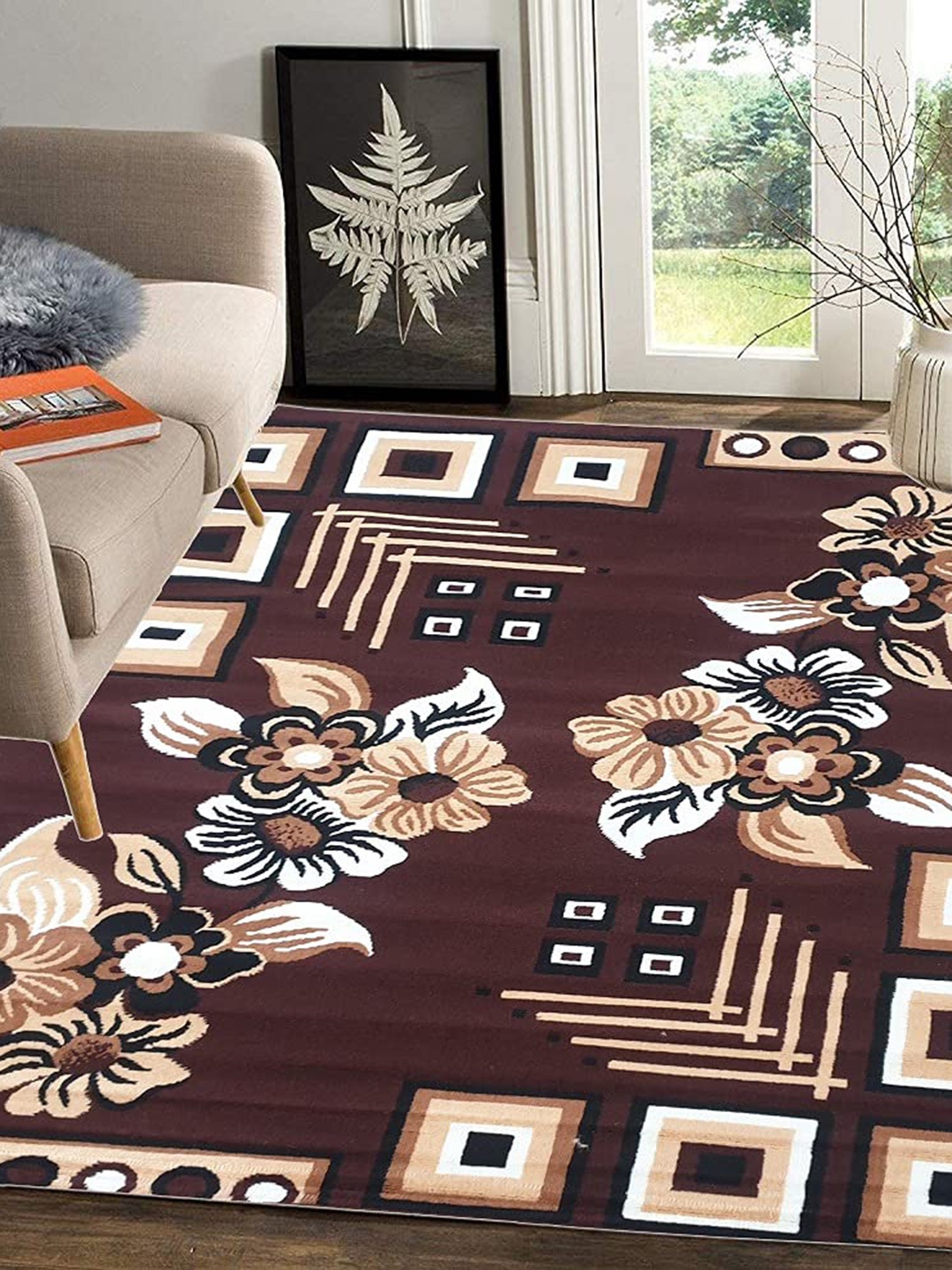 

Indian Carpet and Arts Brown Floral Printed Anti-Skid Carpet