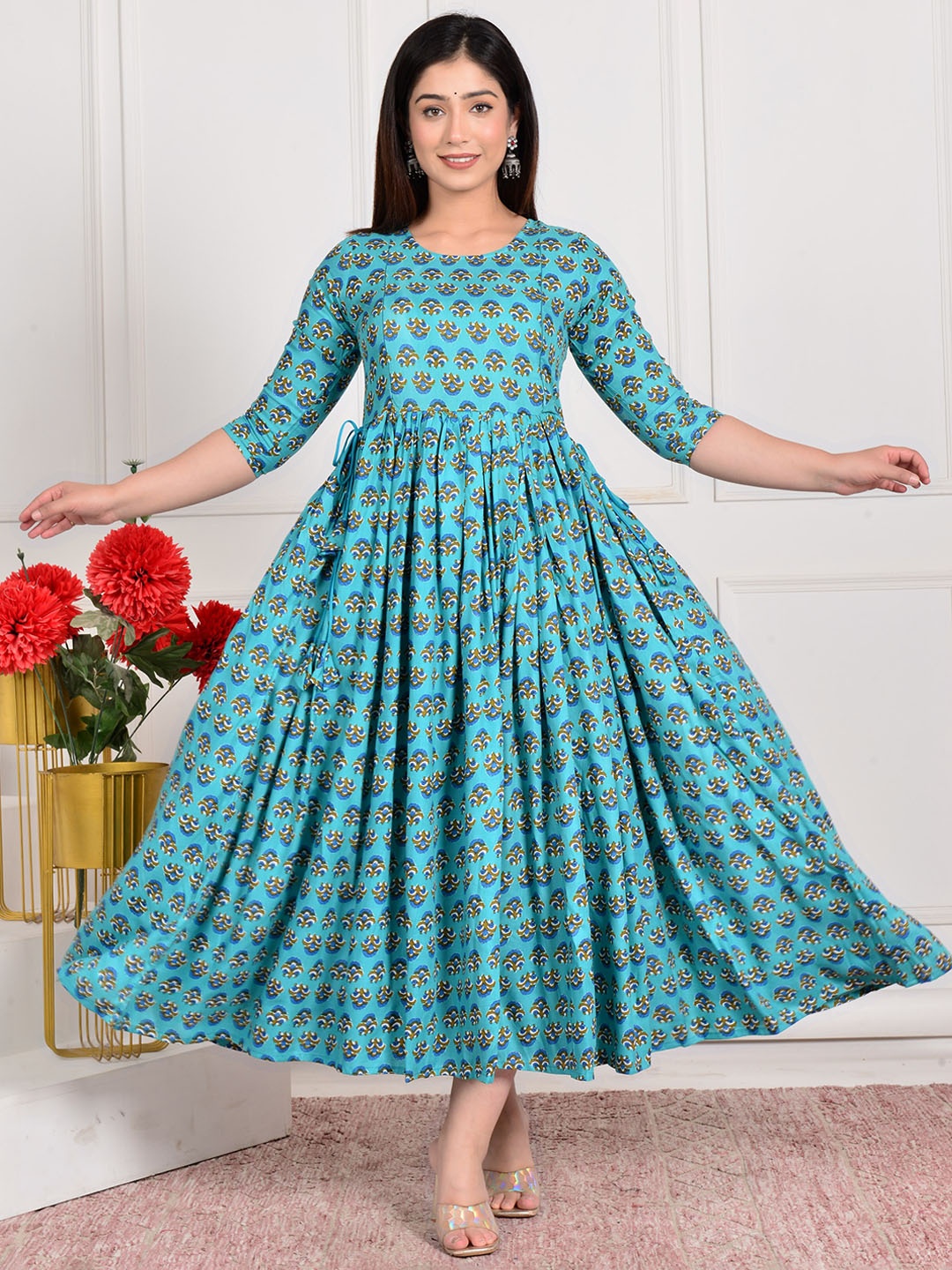 

Gujari Ethnic Motifs Printed Round Neck Maternity Fit and Flare Dress, Blue