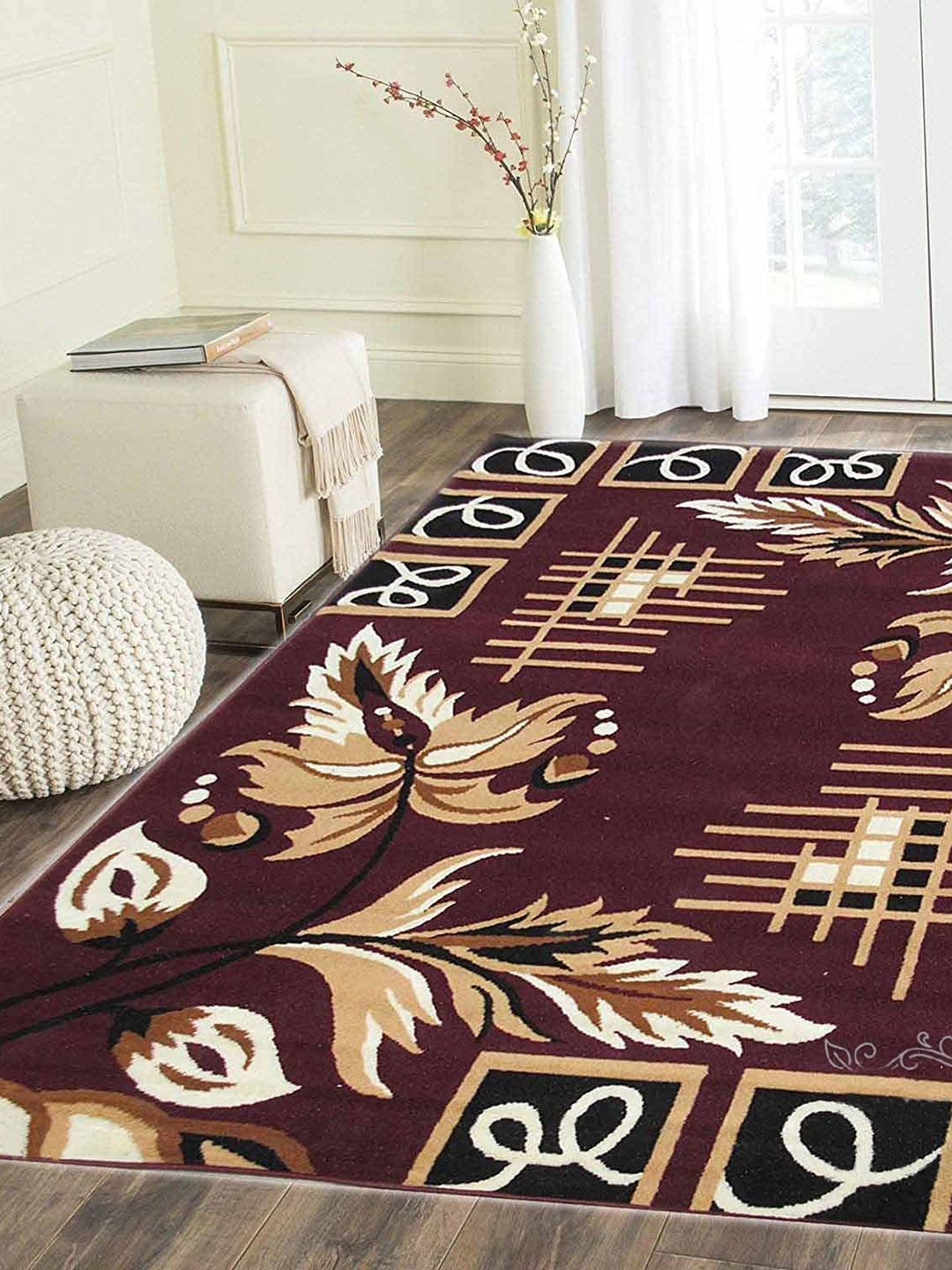 

IMRA CARPET White and Brown Floral Anti Skid Regular Carpets