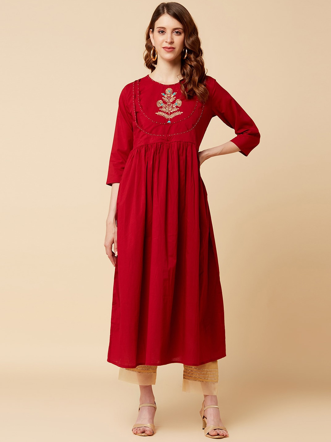 

Varanga Embroidered Keyhole Neck Flared Sleeves Thread Work Anarkali Kurta, Maroon