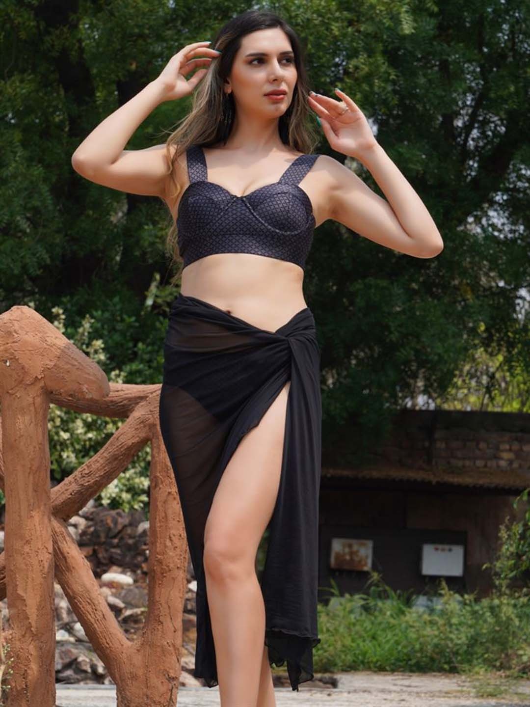 

FXM Geometric Printed Swim-Set With Sarong, Black