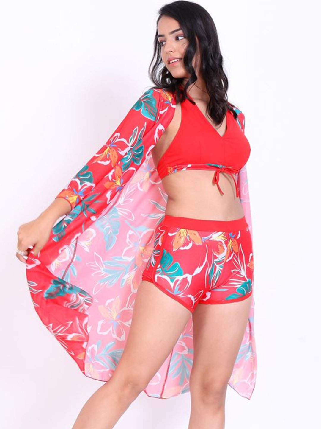 

FXM Floral Printed Swim Set With Robe, Red