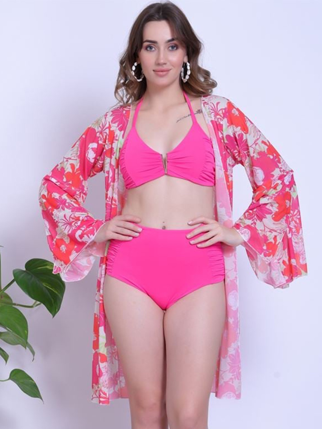 

FXM 3-Piece High Waist Swim Set With Robe, Pink