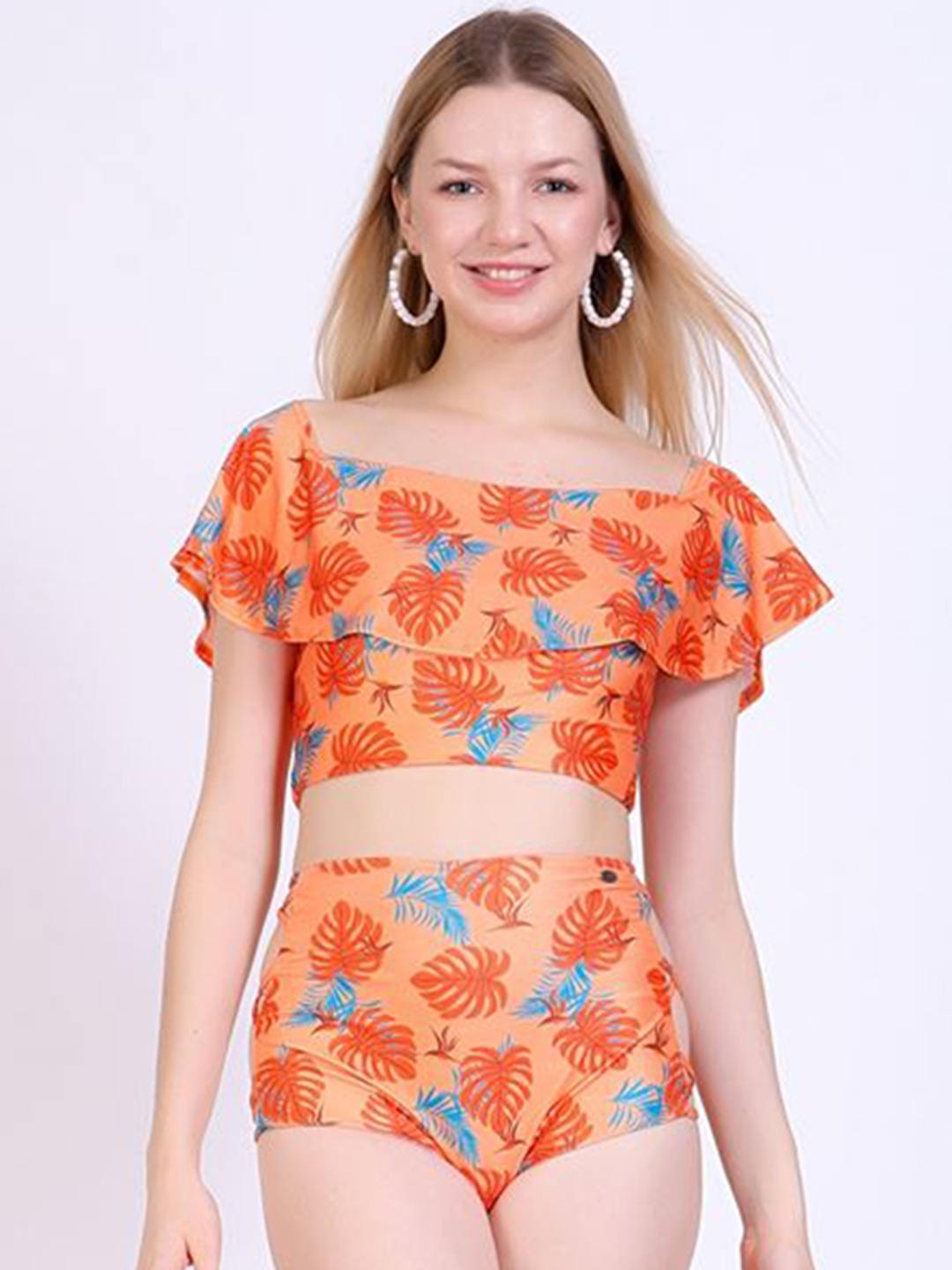 

FXM Tropical Printed High Waist Swim Set, Orange