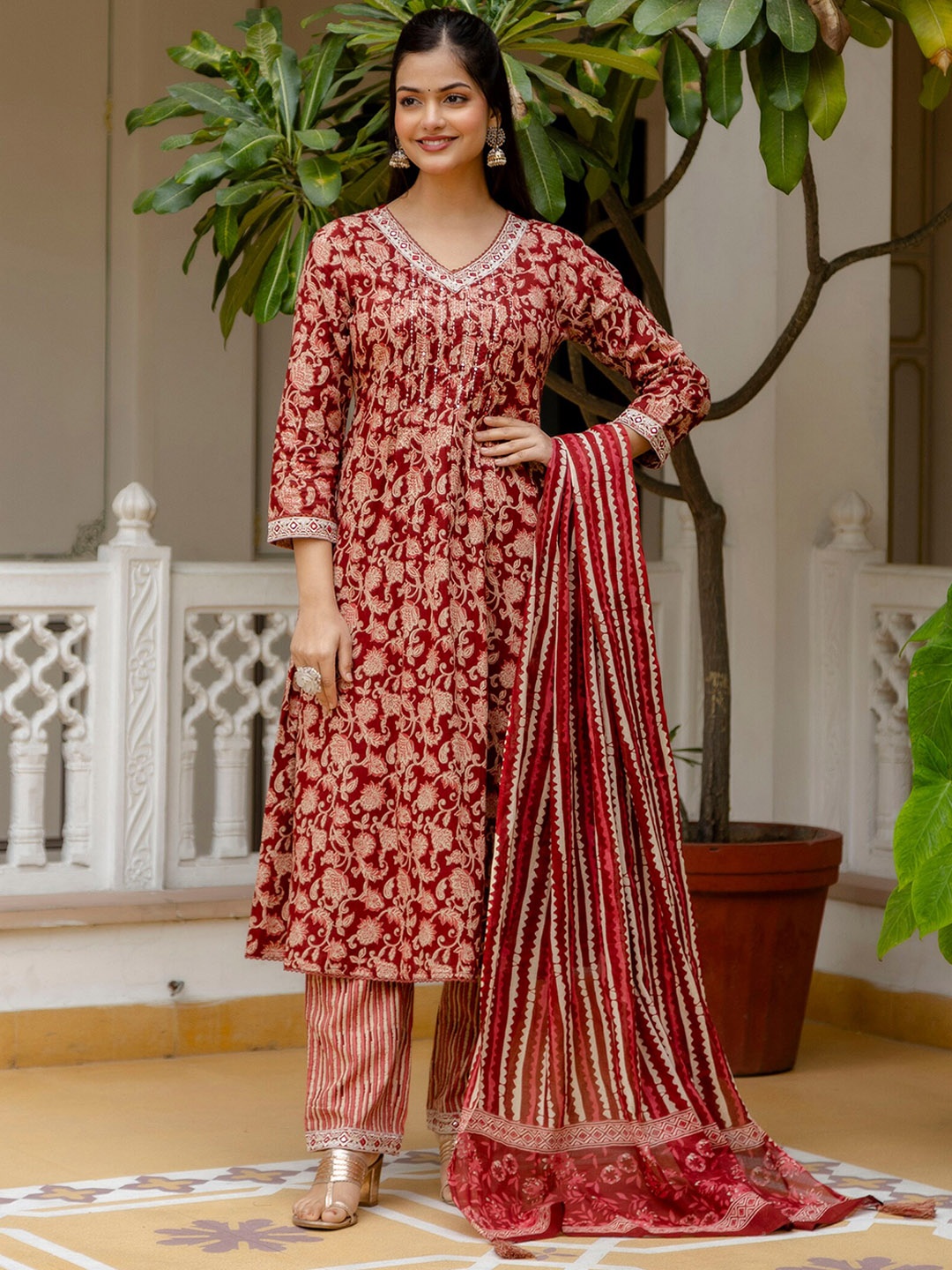 

OMASK Floral Yoke Design Empire Mirror Work Pure Cotton Kurta with Trousers & With Dupatta, Red