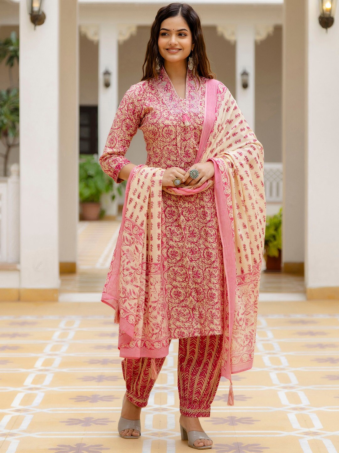 

OMASK Floral Printed Empire Aari Work Pure Cotton Kurta With Salwar & Dupatta, Pink