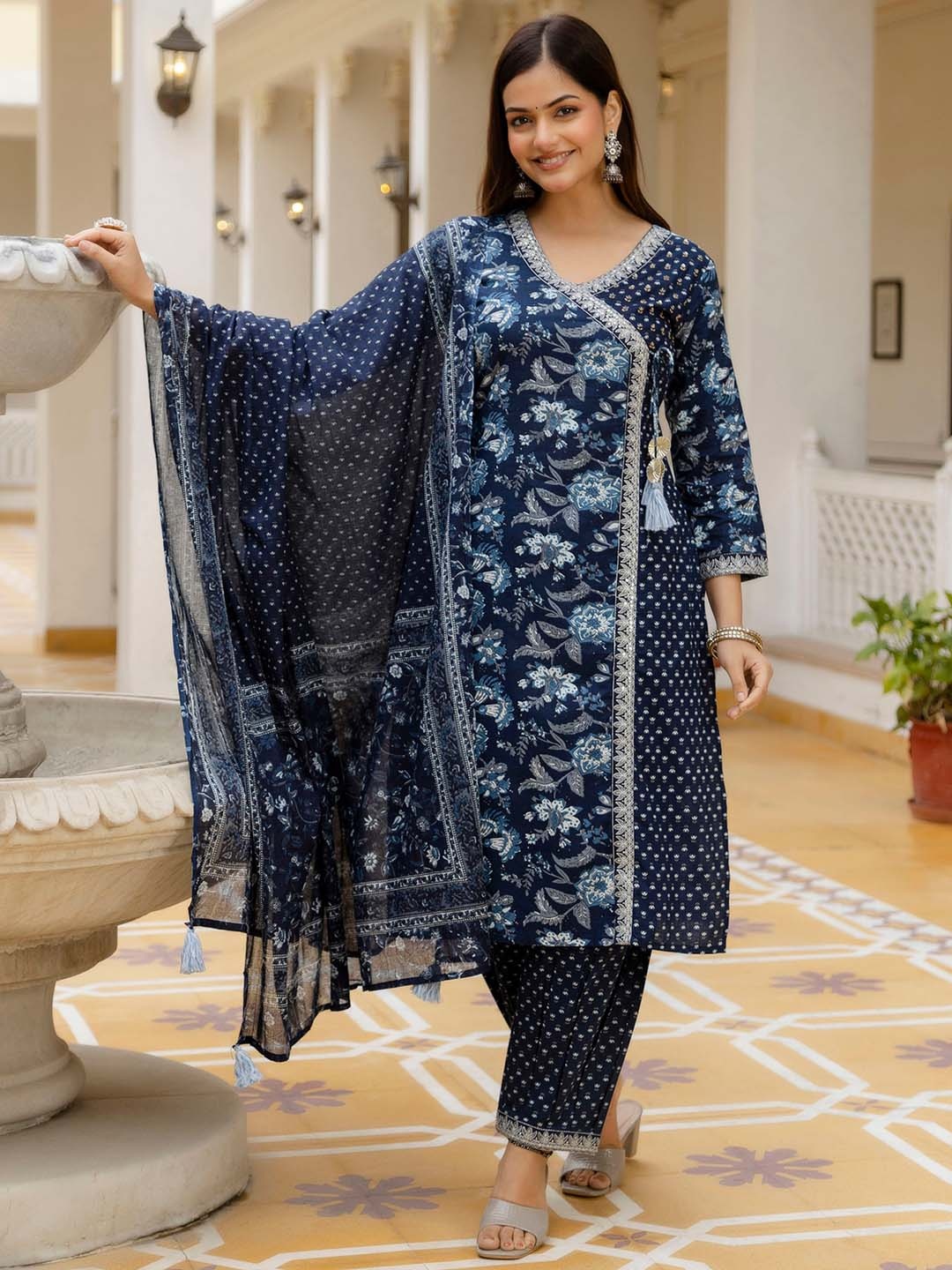 

OMASK Floral Sequinned Embroidered Pure Cotton Angrakha Kurta With Patiala & Dupatta, Blue