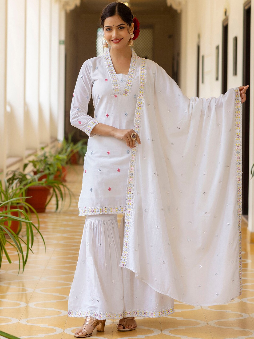 

OMASK Floral Embroidered Mirror Work Pure Cotton Kurta With Sharara & Dupatta, White