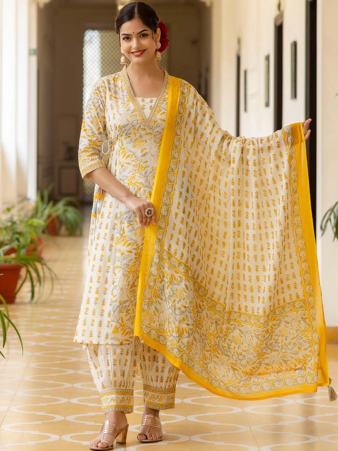 

OMASK Floral Yoke Design Empire Mirror Work Pure Cotton Kurta With Patiala & Dupatta, Yellow