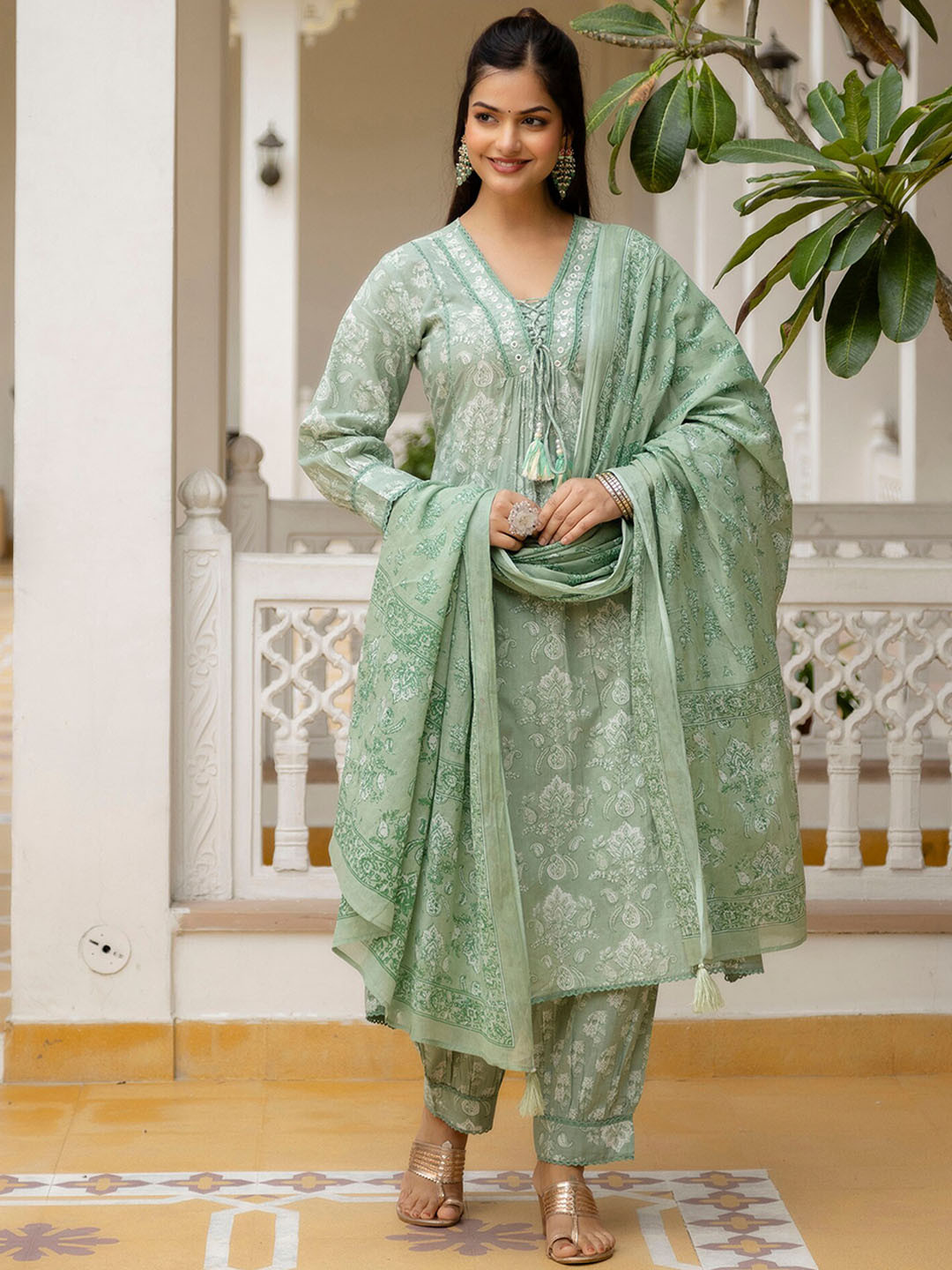 

OMASK Floral Printed Mirror Work Cotton Straight A-line Kurta with Patiala & Dupatta, Green