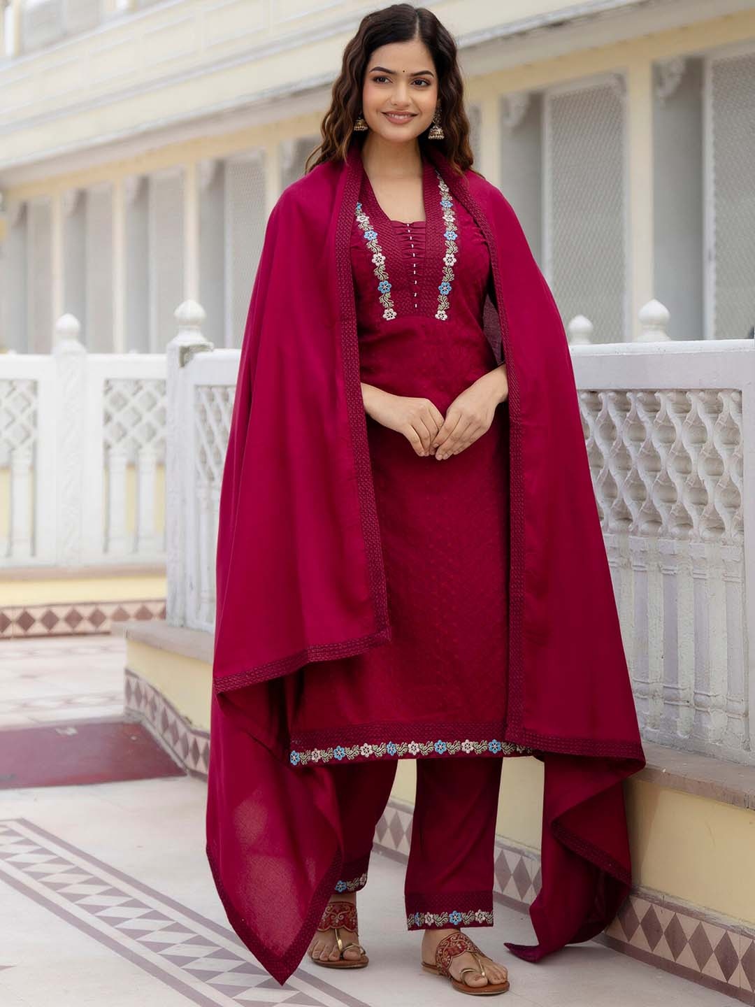 

OMASK Floral Embroidered Pure Cotton Straight Kurta with Trousers & Dupatta, Magenta