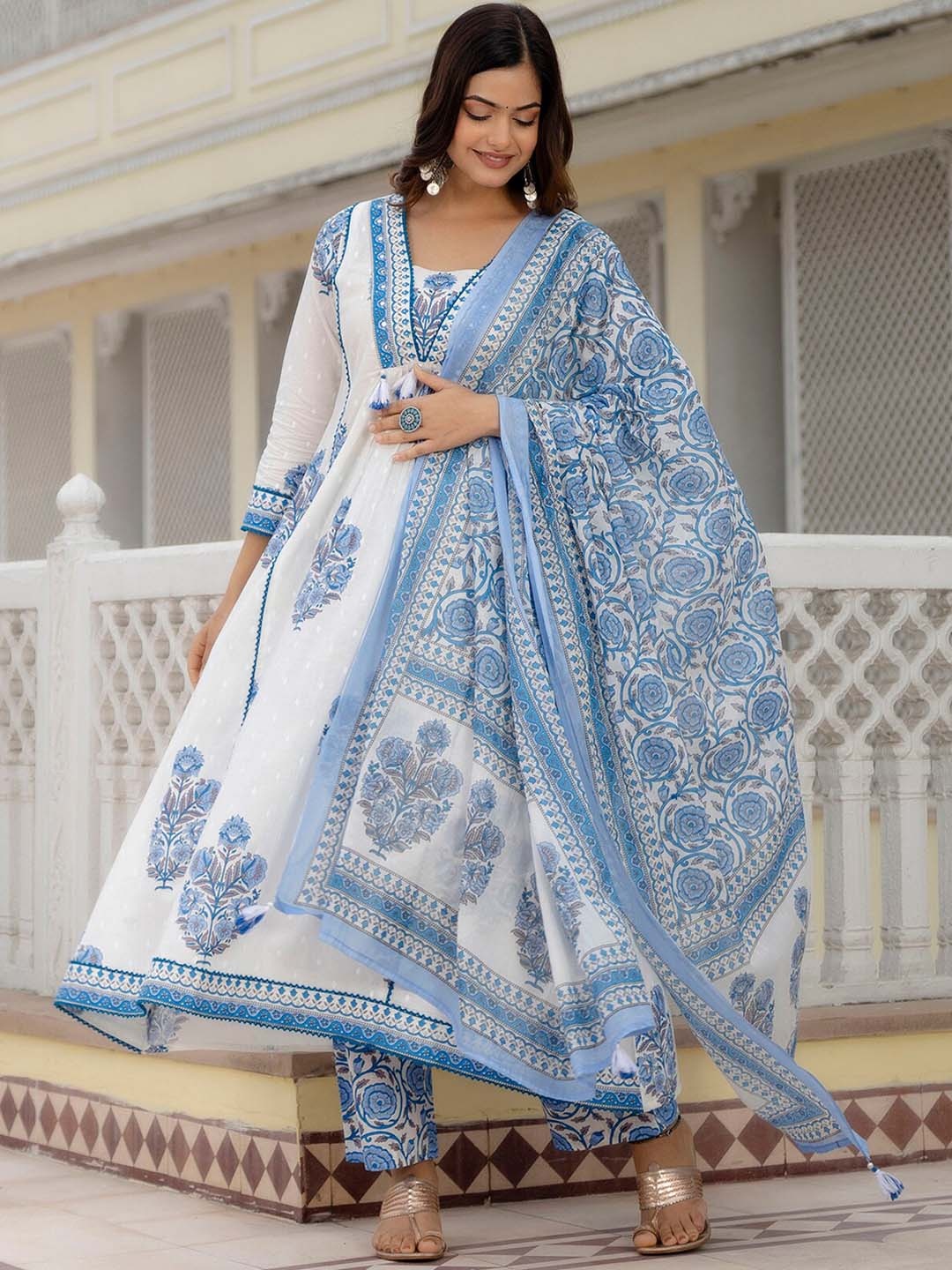 

OMASK Floral Printed Panelled Aari Work Pure Cotton Kurta with Trousers & With Dupatta, White