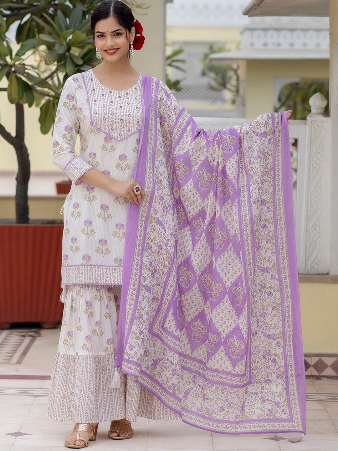 

OMASK Floral Printed Regular Mirror Work Pure Cotton Kurta With Sharara & Dupatta, White