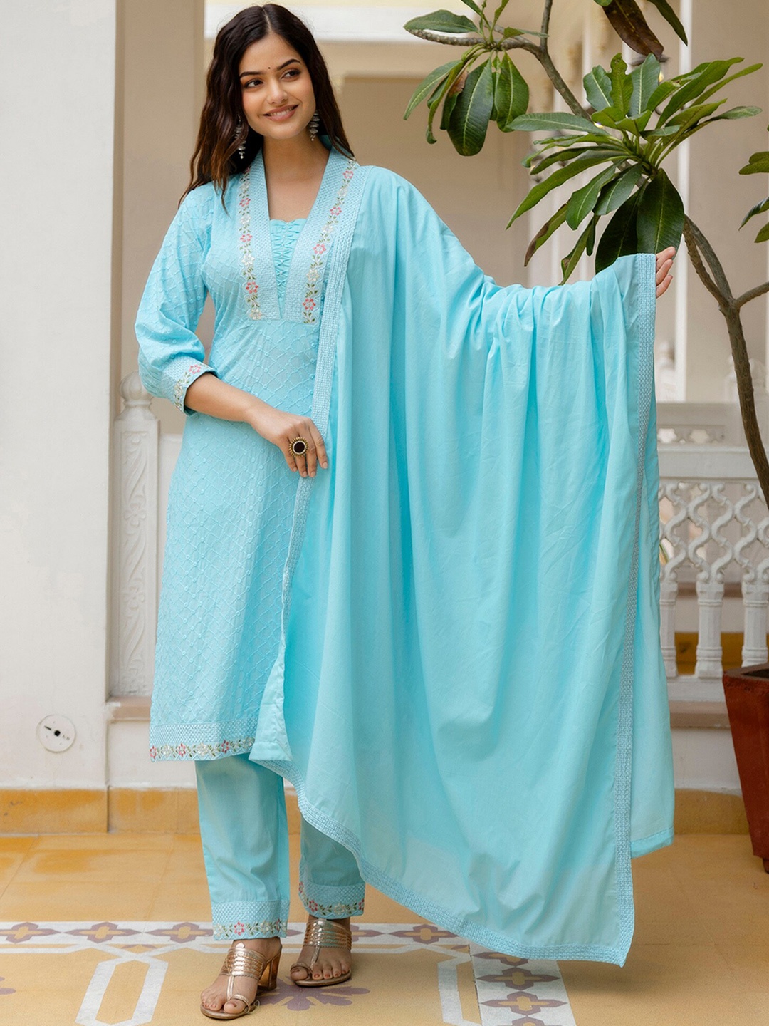 

OMASK Embroidered Regular Sequinned Pure Cotton Kurta With Trouser & Dupatta, Turquoise blue