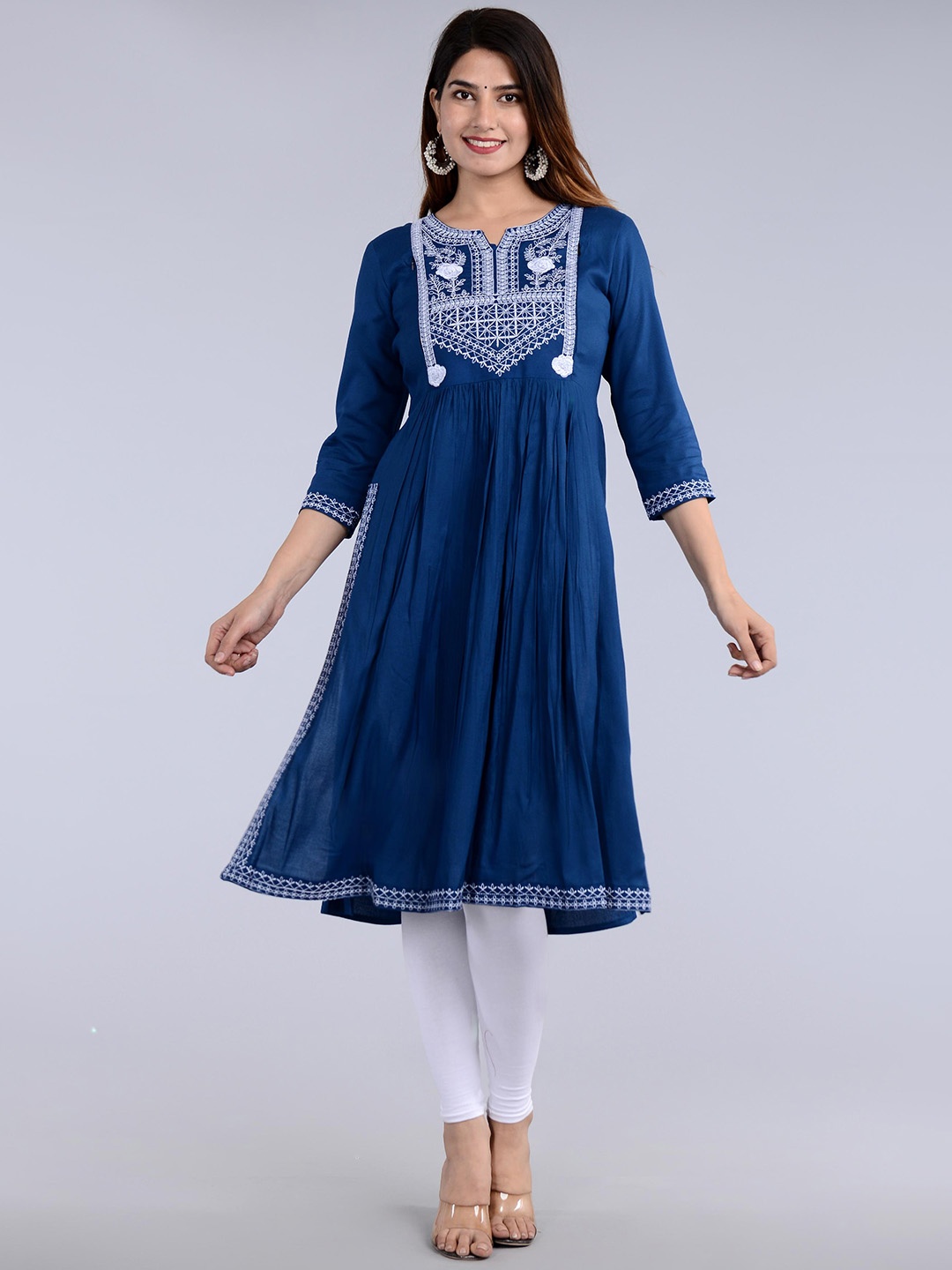

Lovista Embroidered Notch Neck Long Sleeves Thread Work Anarkali Kurta, Navy blue