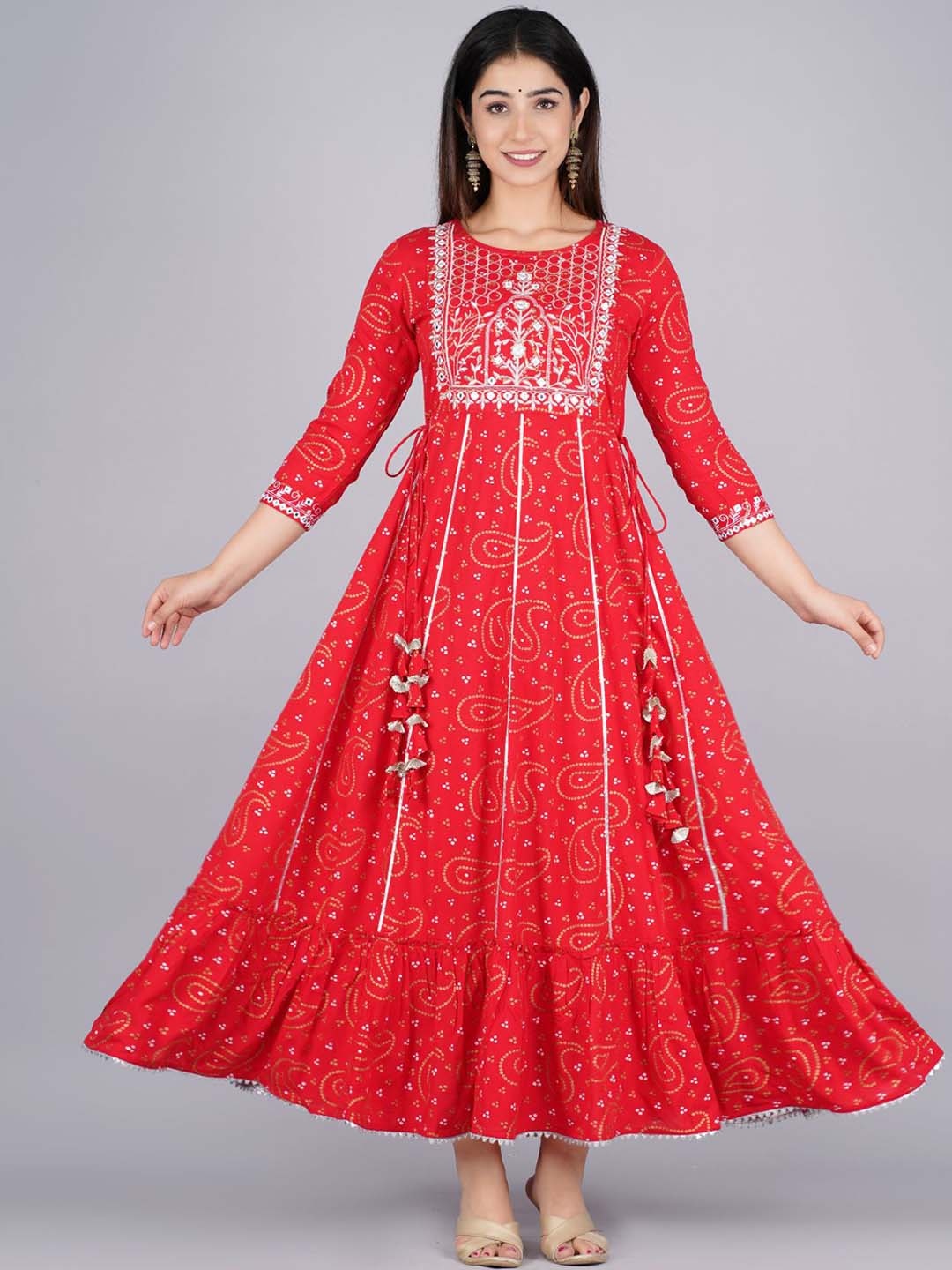 

Lovista Ethnic Motifs Round Neck Yoke Design Gotta Patti Anarkali Kurta, Red