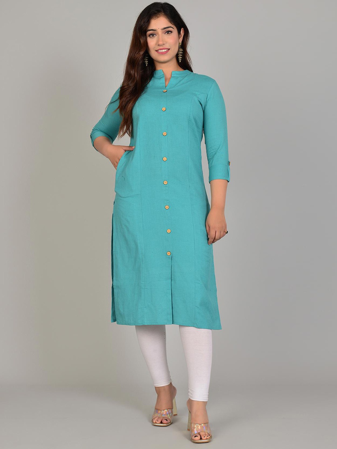 

Lovista Mandarin Collar Three Quarter Sleeves Multiple Slits Straight Cotton Kurta, Green