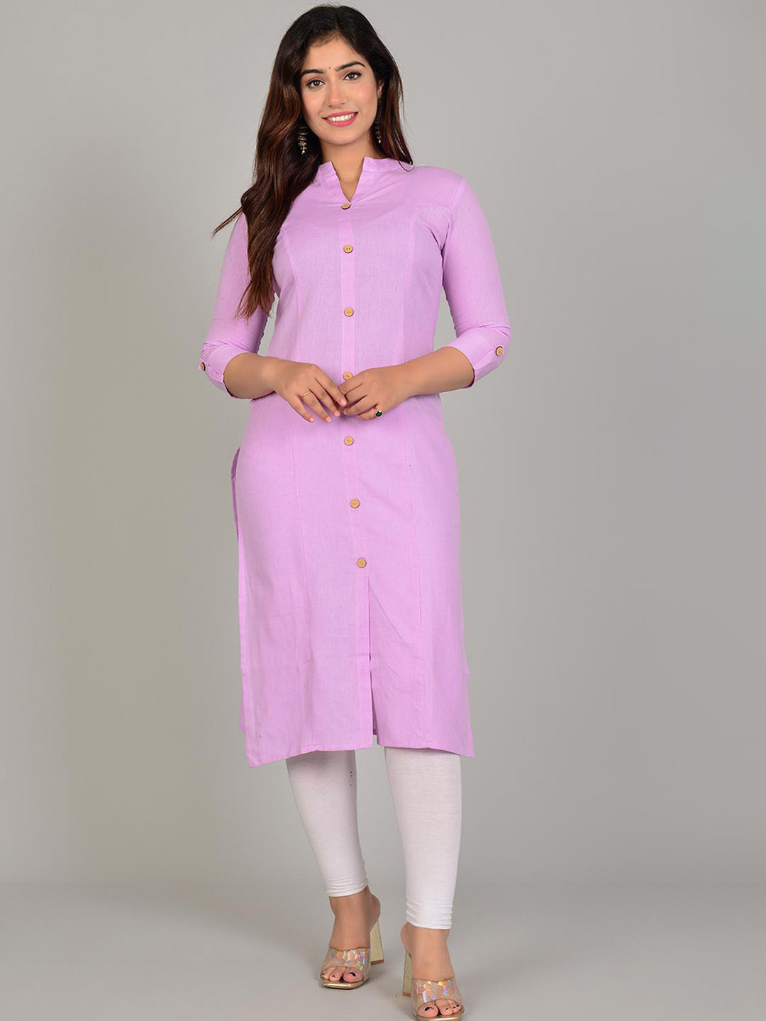 

Lovista Mandarin Collar Three Quarter Sleeves Multiple Slits Straight Cotton Kurta, Pink