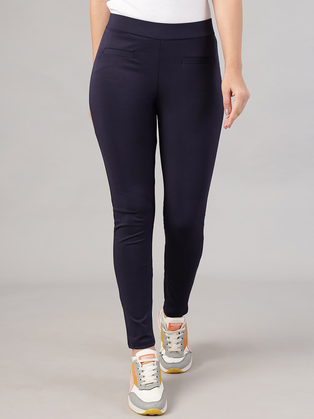 

FITHUB Women Skinny Fit High-Rise Travel Features Cotton Trousers, Blue