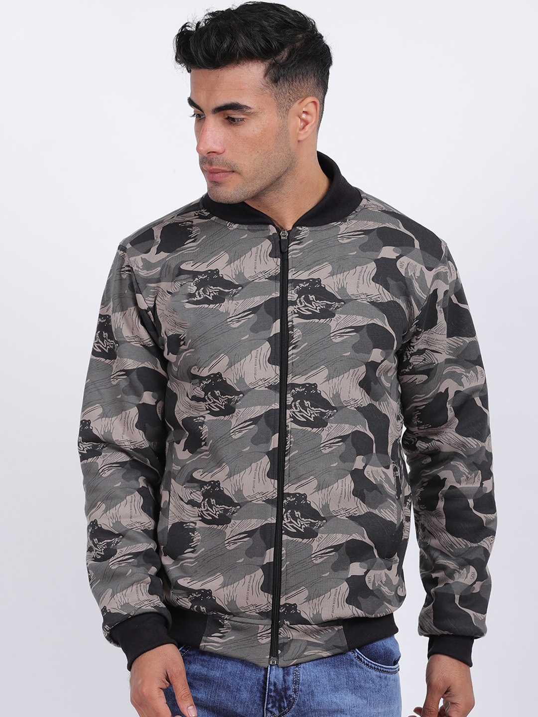 

BAESD Storm-Fit Camouflage Printed Windcheater Water Resistant Cotton Bomber Jacket, Grey