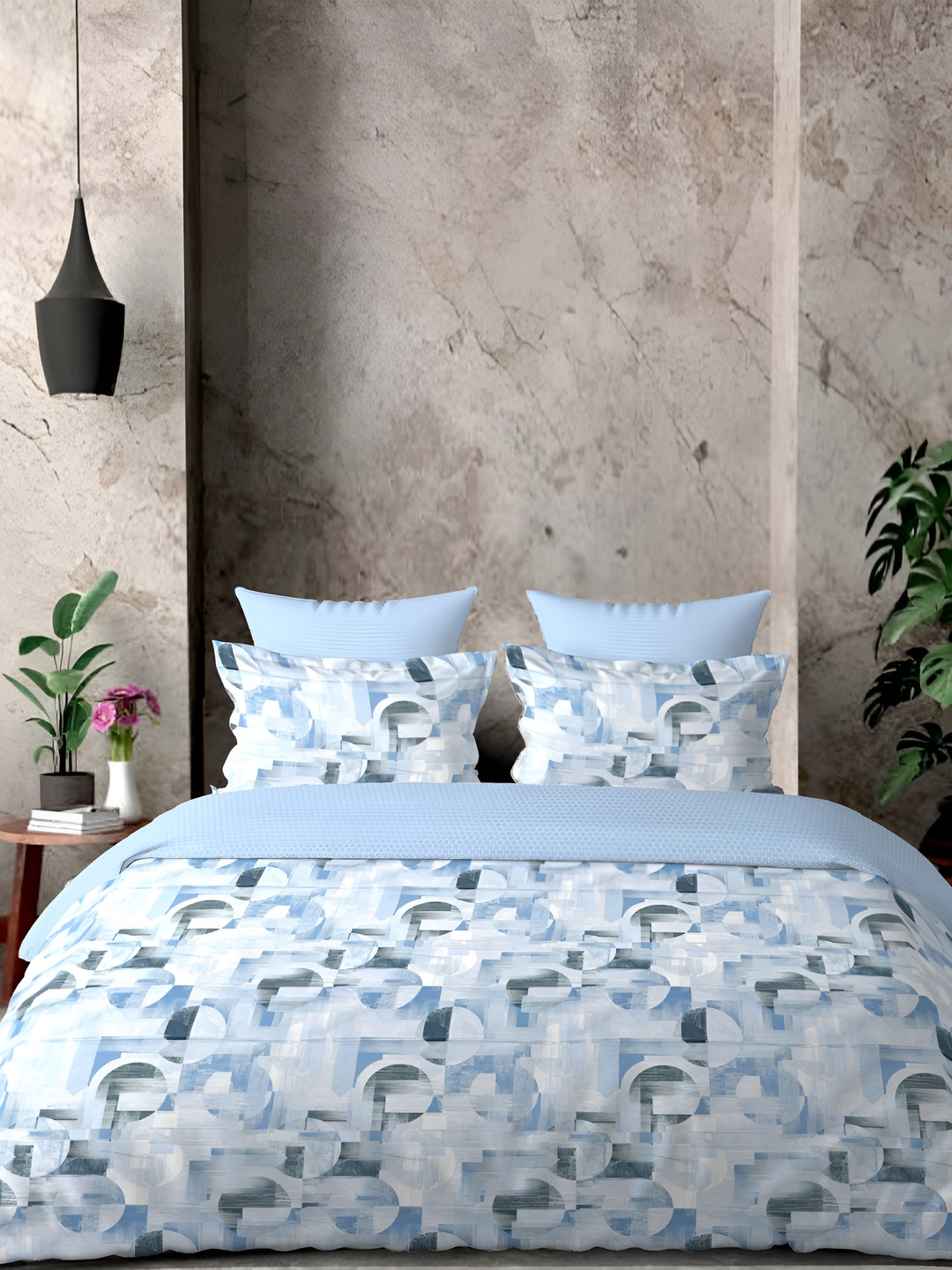 

borato Blue & White Geometric 300 TC Cotton King Bedsheet with 2 Pillow Covers