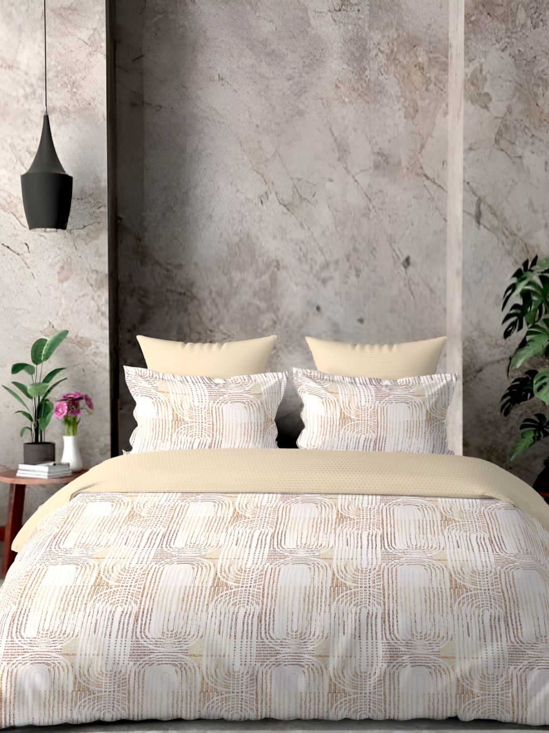 

borato Yellow & White Geometric 300 TC Cotton King Bedsheet with 2 Pillow Covers