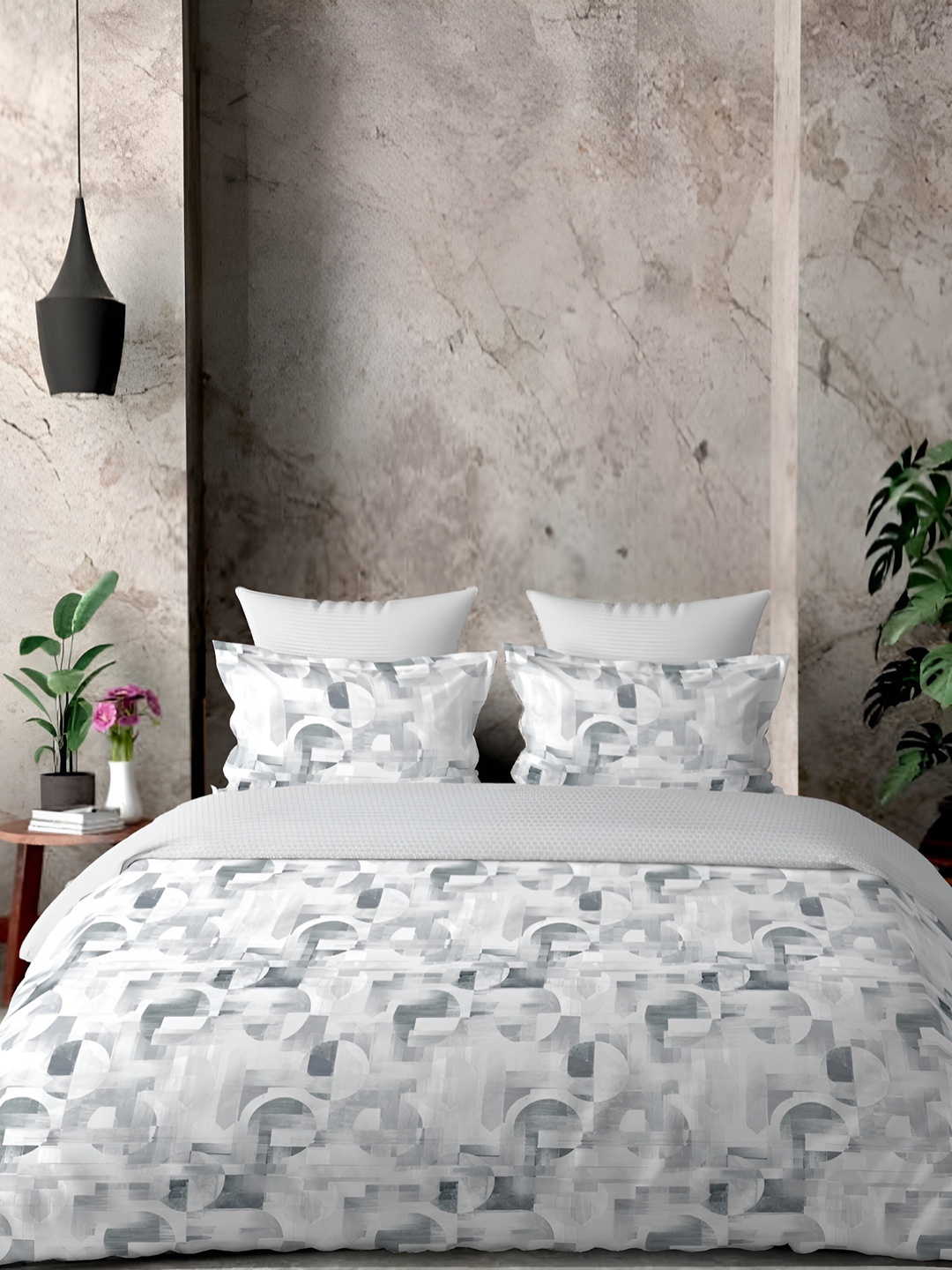 

borato Grey & White Abstract 300 TC Cotton King Bedsheet With 2 Pillow Covers