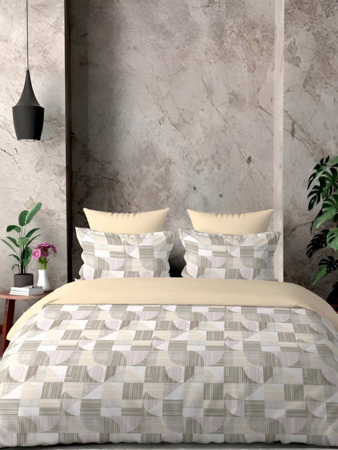 

borato Cream & Grey Geometric 300 TC Cotton King Bedsheet with 2 Pillow Covers