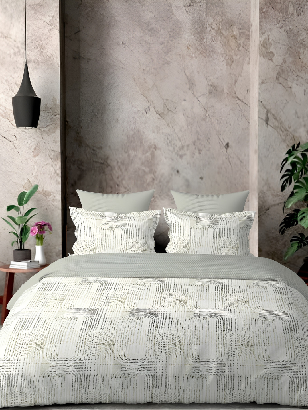 

borato Green & White Geometric 300 TC Cotton King Bedsheet with 2 Pillow Covers