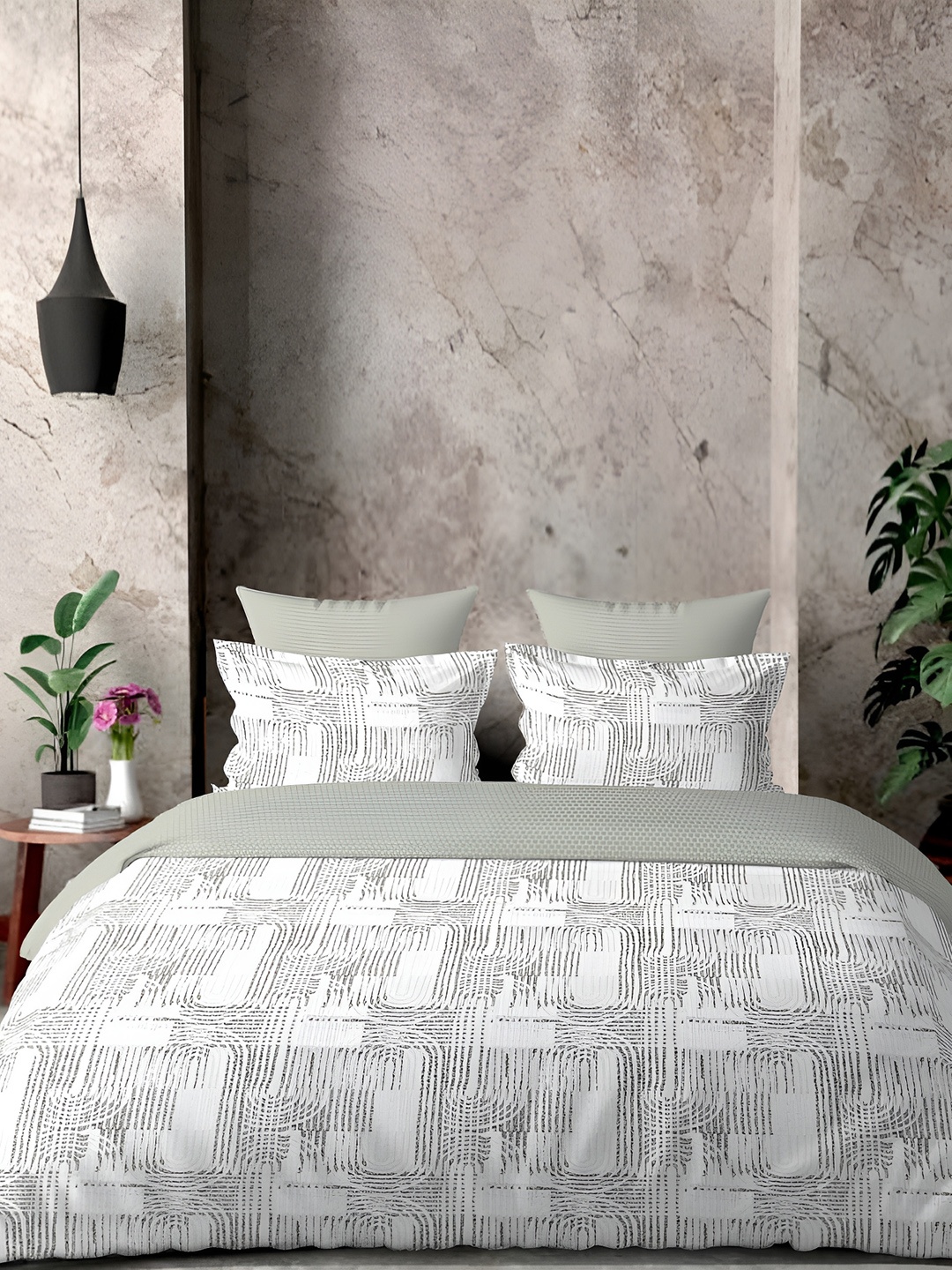 

borato Grey & White Abstract Cotton 300 TC King Bedsheet with 2 Pillow Covers