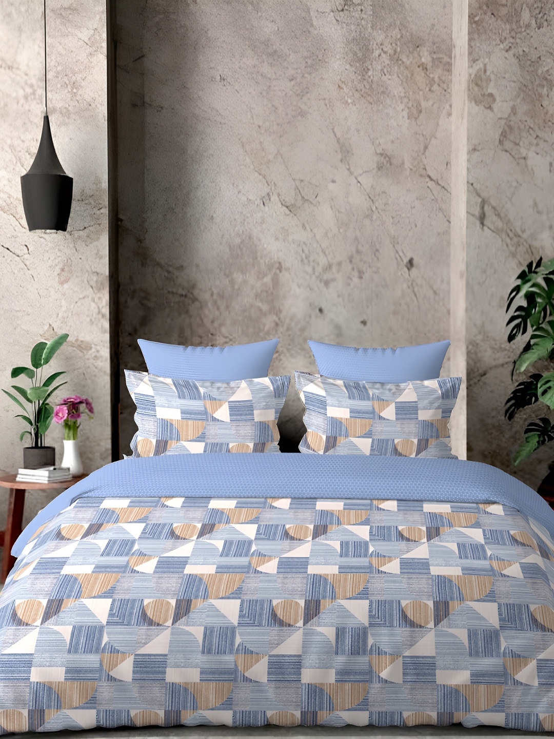 

borato Blue & White Abstract 300 TC Cotton King Bedsheet With 2 Pillow Covers