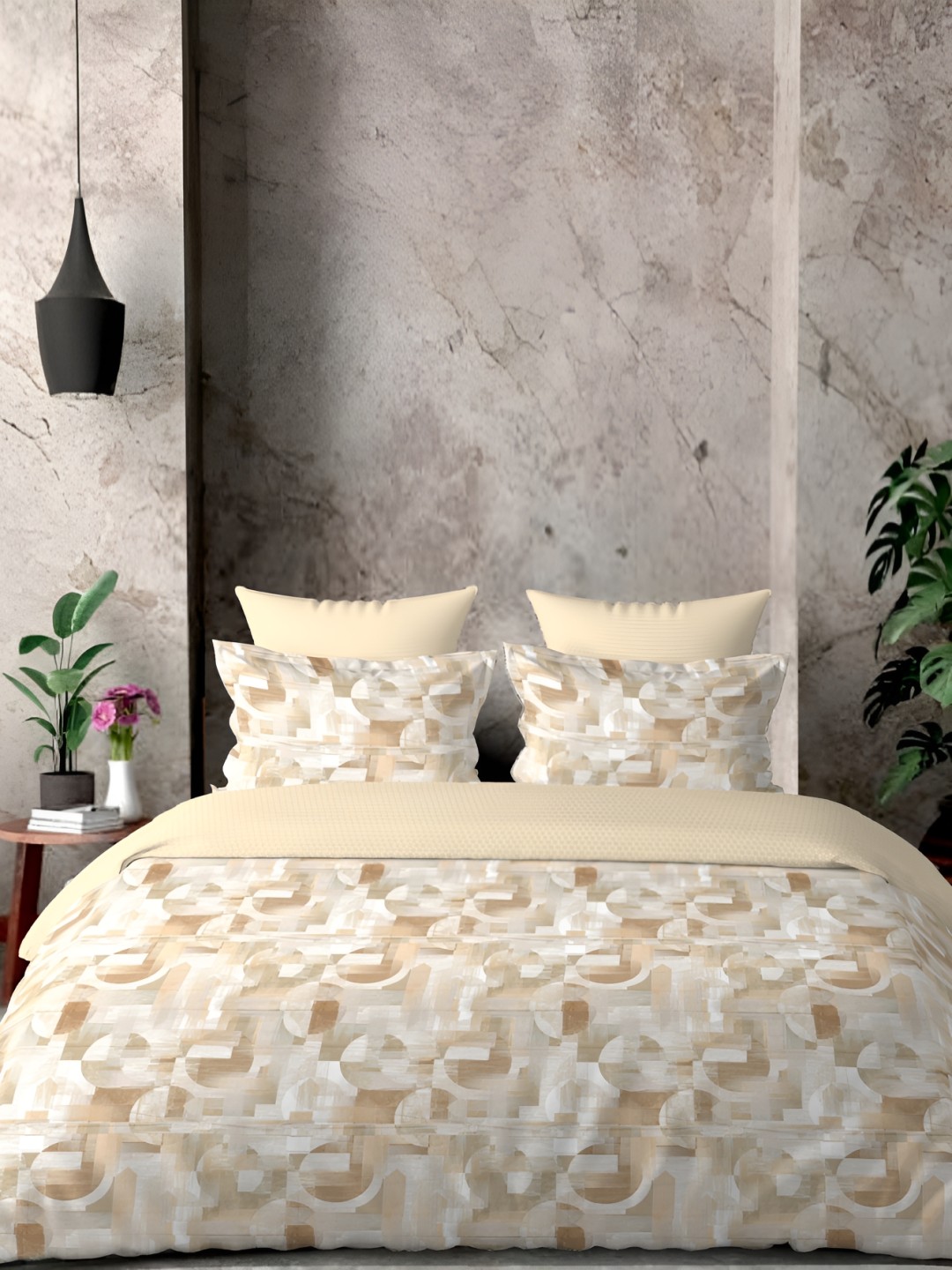 

borato Yellow & White Geometric 300 TC Cotton King Bedsheet with 2 Pillow Covers