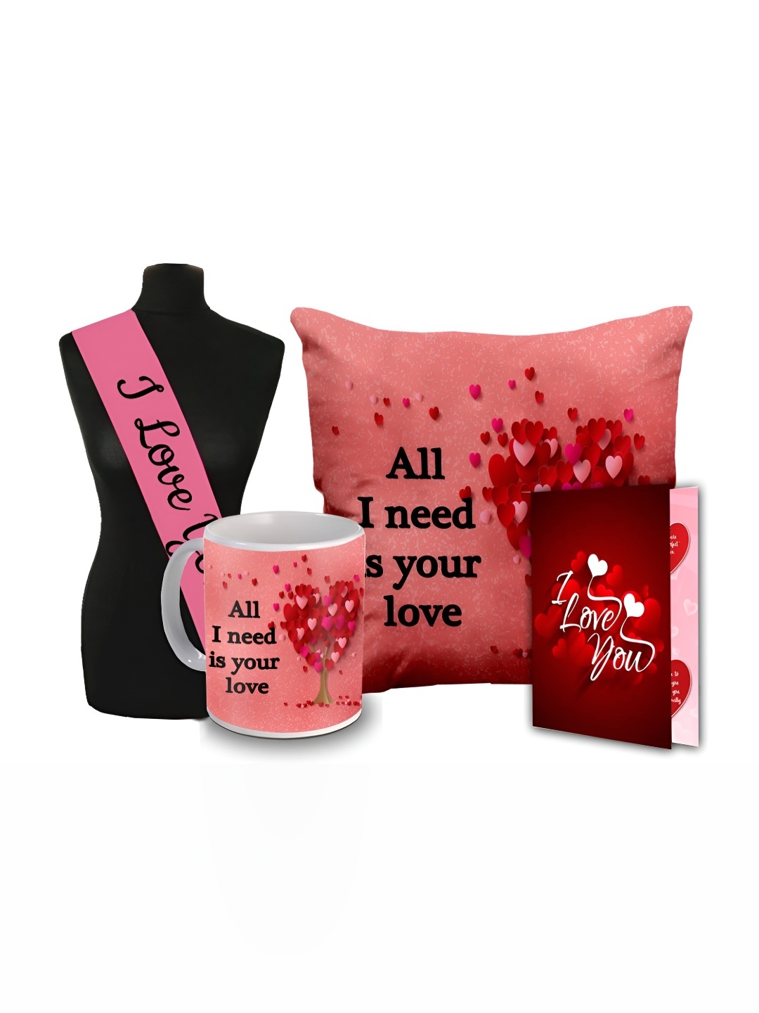 

ME & YOU 4Pcs Pink & Red Printed Sashe Mug Card & Cushion Valentine Gifts Set
