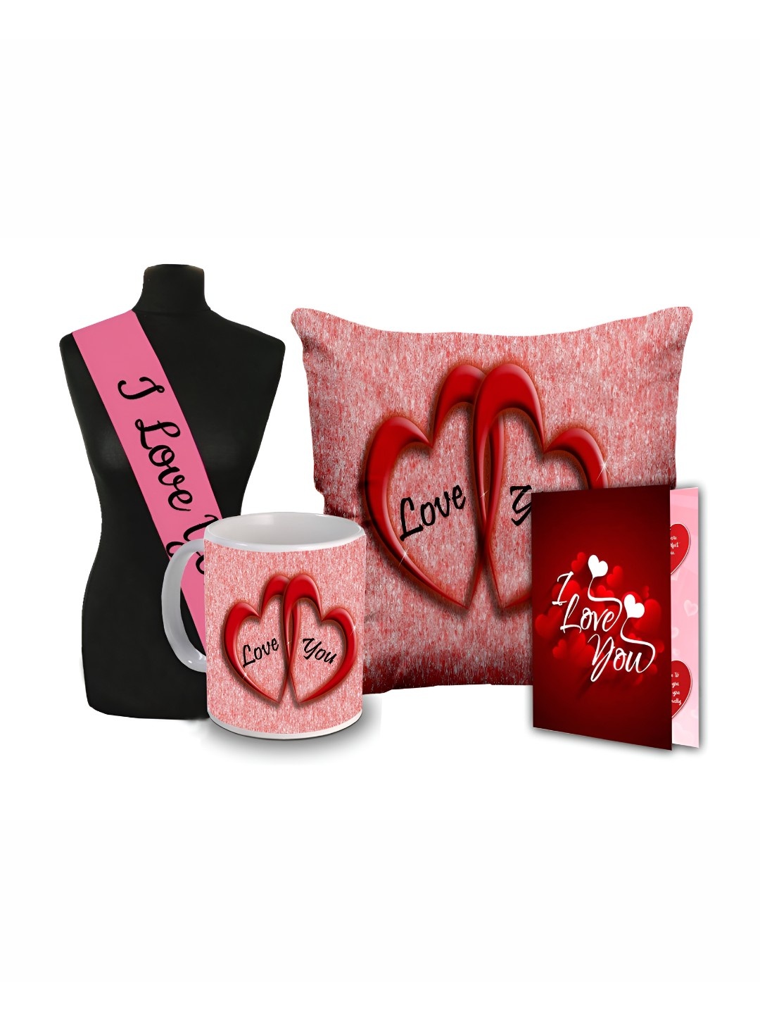 

ME & YOU Red & Pink 4 Pieces Printed Cushion Mug Card Sashe Valentine Gifts Set